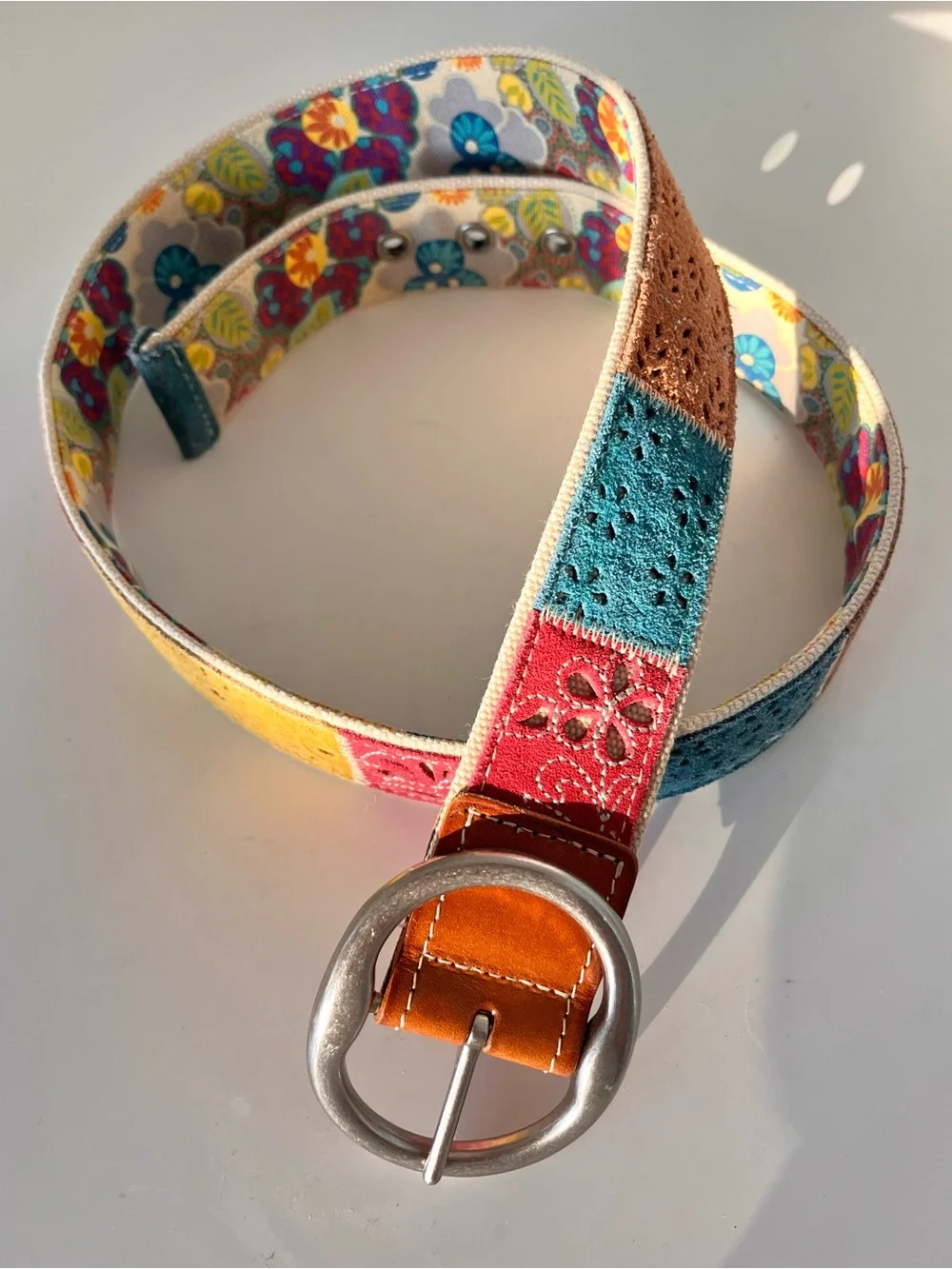 Vintage Fossil Multicolor Suede Patchwork Belt Eyelet Boho Floral Canvas Lined M